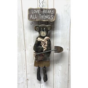 Vintage Rustic Wooden Mama Bear Handmade Hanging Ornament Primitive Country 80s